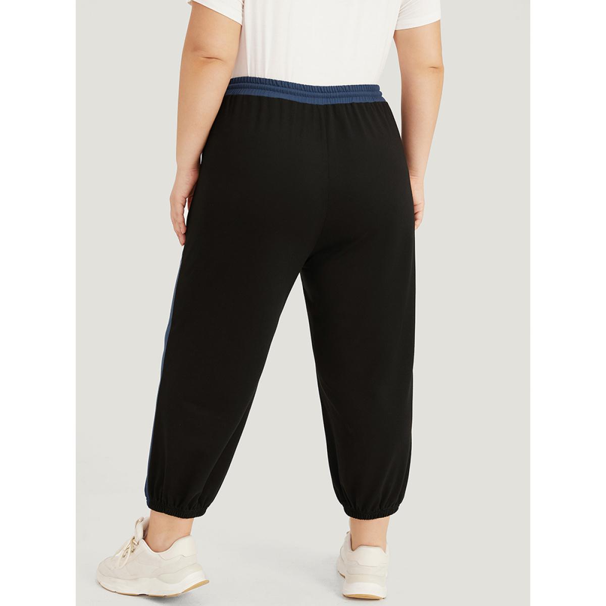 Letter Print Drawstring High Rise Sweatpants Black Plus Size Women Casual Dailywear Contrast 28/5X Bloomchic Product Image