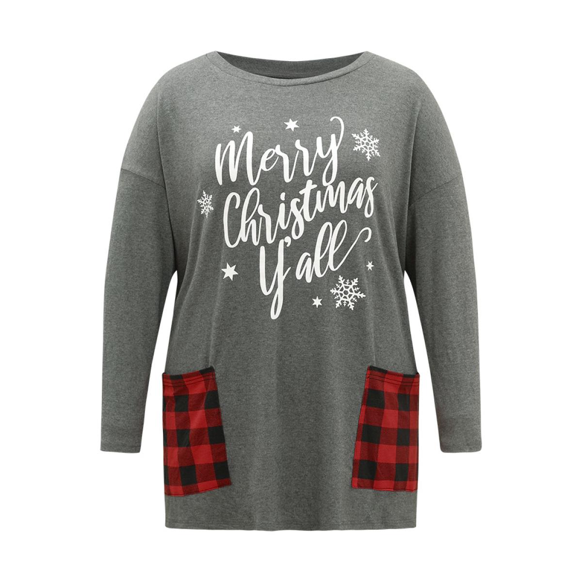 Plus Size Christmas Letter Plaid Patchwork Pocket T-shirt DimGray Women Casual Contrast Christmas Festival-Halloween T-shirts BloomChic 18-20/2X Product Image