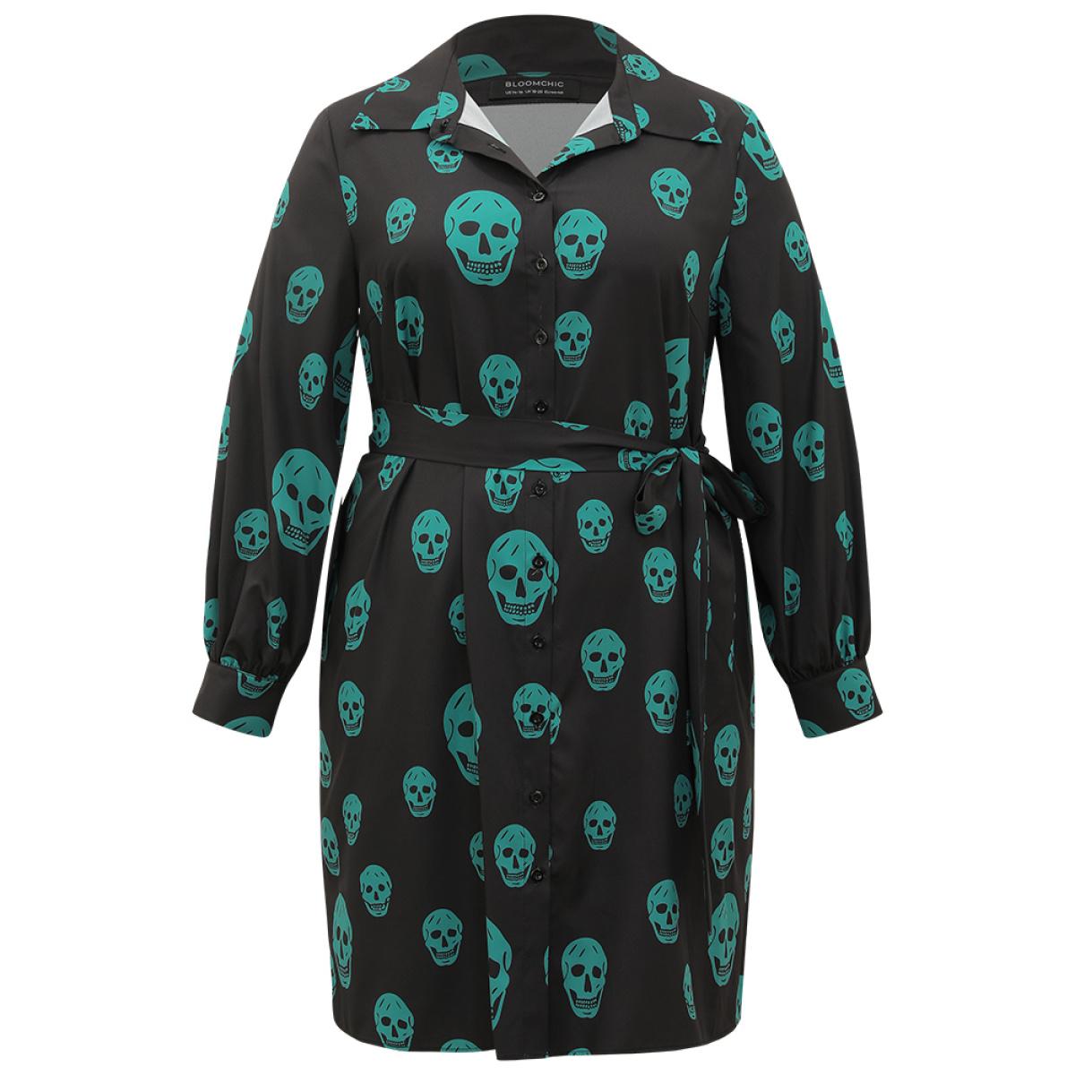 Plus Size Halloween Skull Print Shirt Collar Belted Split Hem Dress Black Women Office Belted Shirt collar Long Sleeve Curvy Knee Dress BloomChic 28/5X Product Image