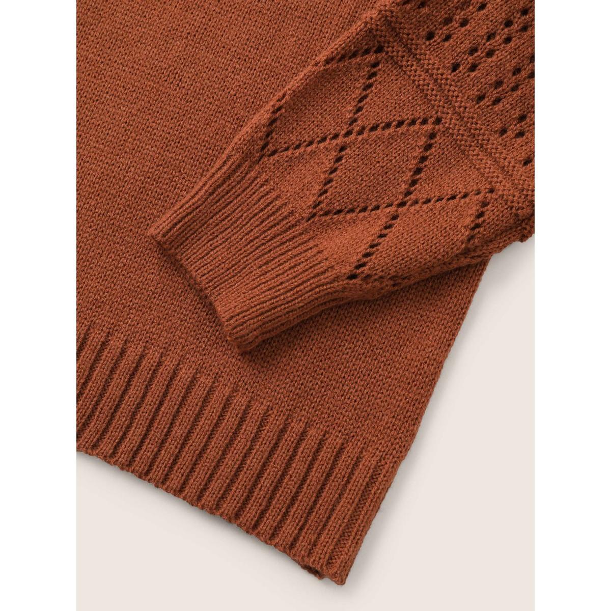 Plus Size Geometric Hollow Out Raglan Sleeve Pullover Chocolate Women Casual Long Sleeve V-neck Everyday Pullovers BloomChic 30/6X Product Image