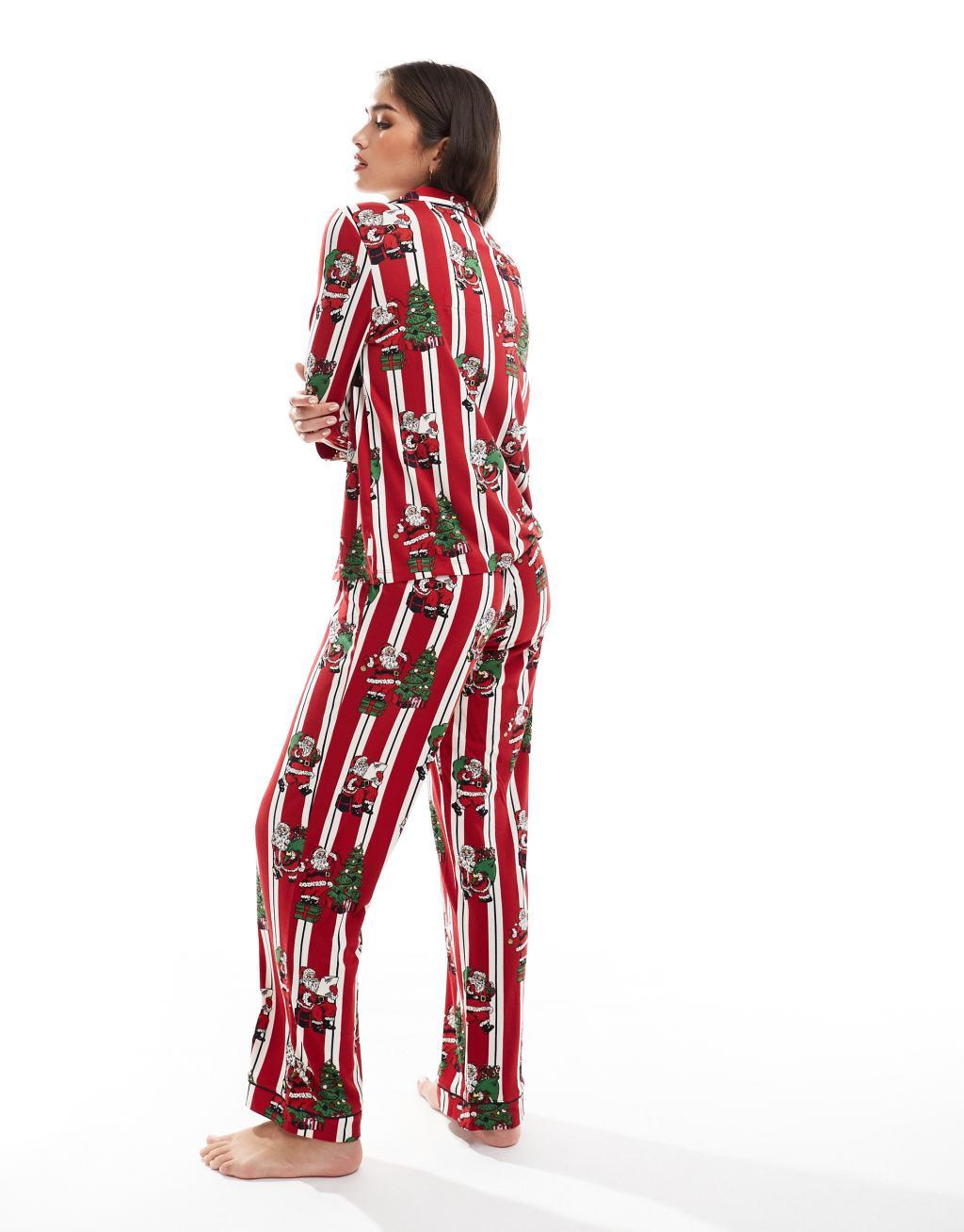 Chelsea Peers poly Christmas His & Hers long sleeve revere and pants pajama set in vintage santa stripe print Product Image