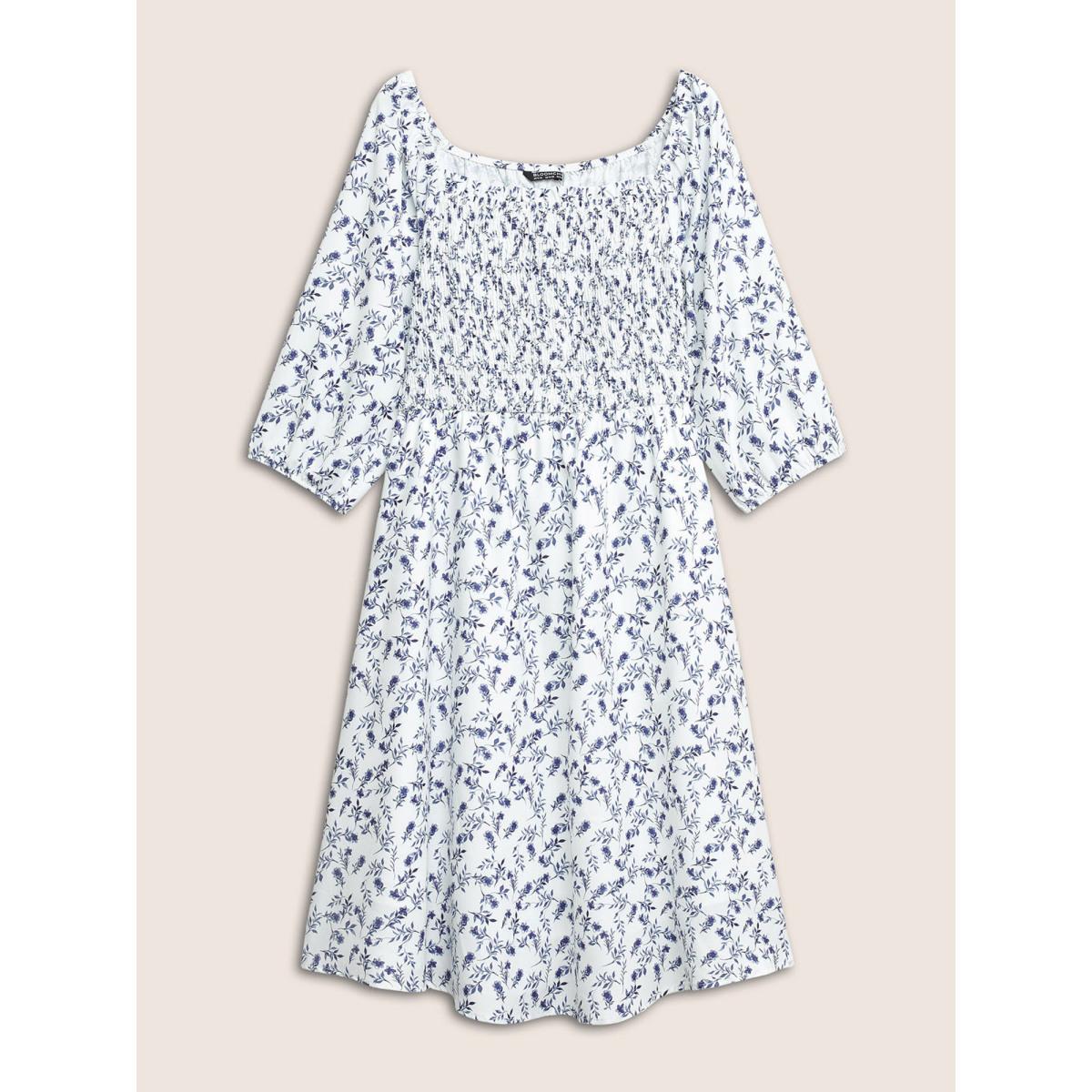 Plus Size Ditsy Floral Square Neck Shirred Lantern Sleeve Dress White Women Elegant Non Square Neck Elbow-length sleeve Curvy Midi Dress BloomChic 22-24/3X Product Image