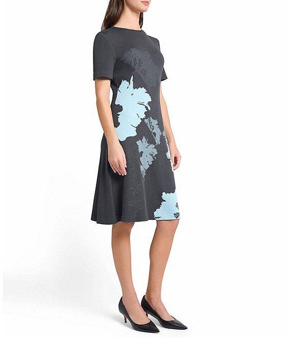 Ming Wang Floral Jacquard Soft Knit Round Neck Short Sleeve A-Line Dress Product Image