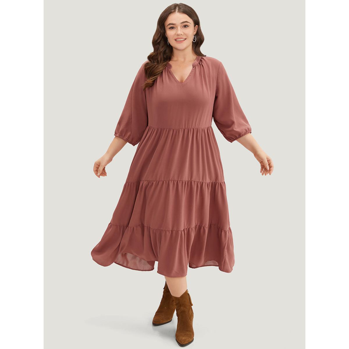Plus Size Solid Notched Lantern Sleeve Layered Hem Dress Salmon Women Casual Elastic cuffs Notched collar Elbow-length sleeve Curvy Midi Dress BloomChic 14-16/1X Product Image