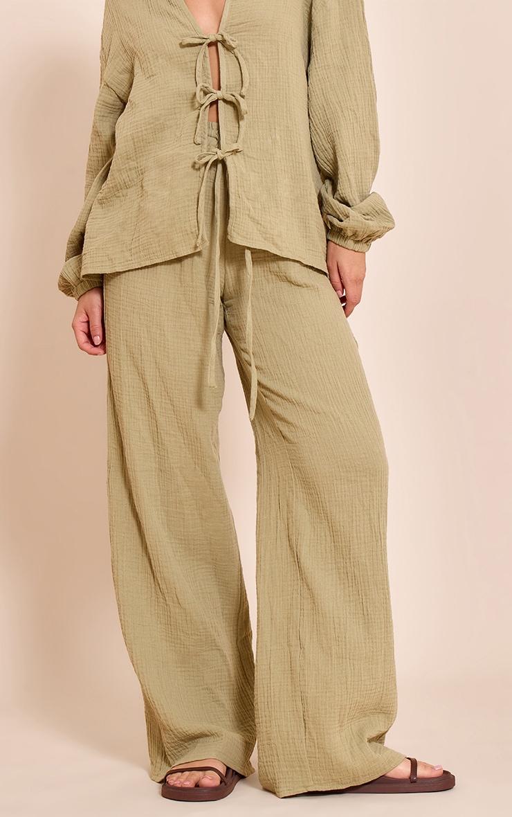 Khaki Cheesecloth Textured Wide Leg Pants Product Image