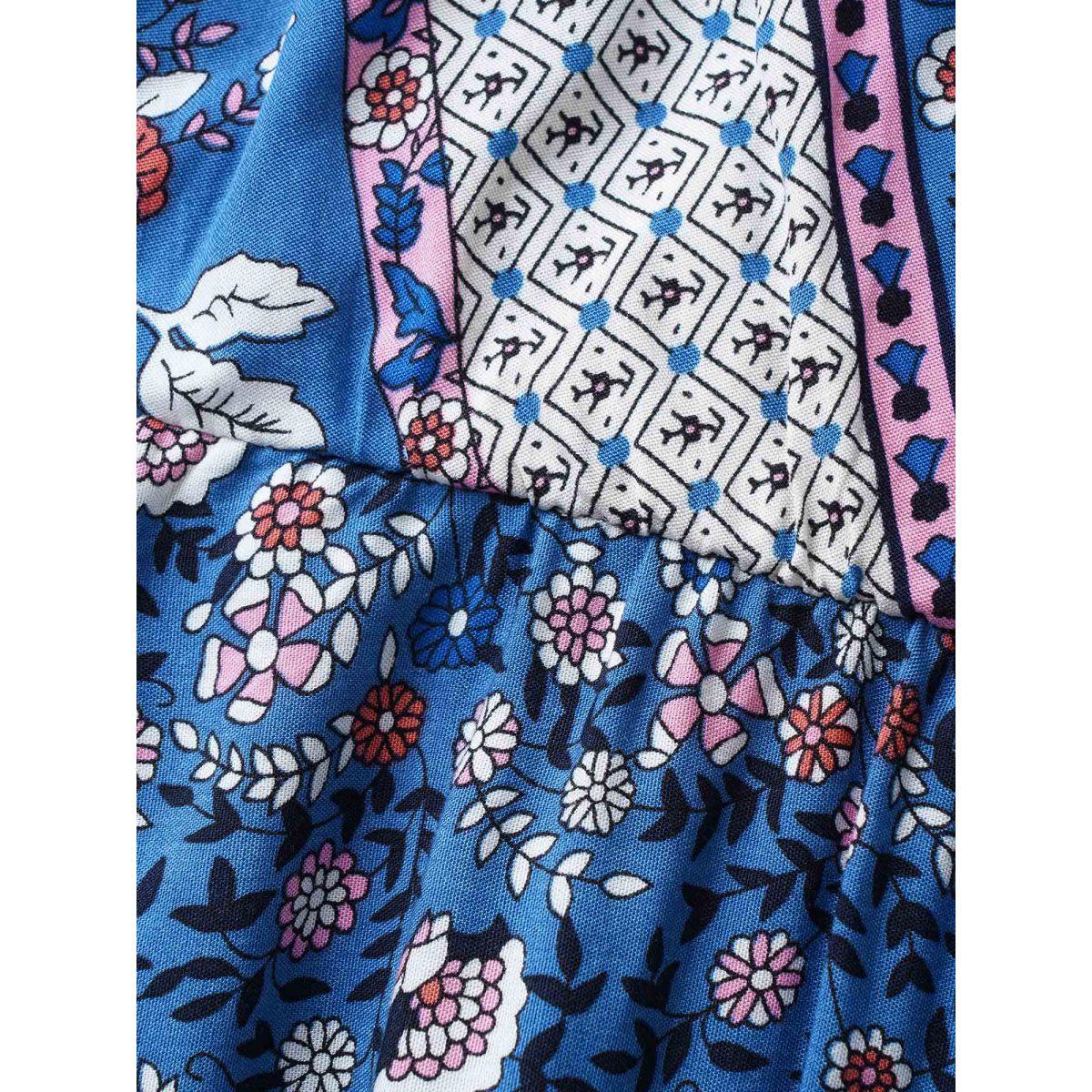 Plus Size Boho Print Surplice Neck Belted Dress Blue Women Resort Overlapping V-neck Cap Sleeve Curvy BloomChic 14-16/1X Product Image