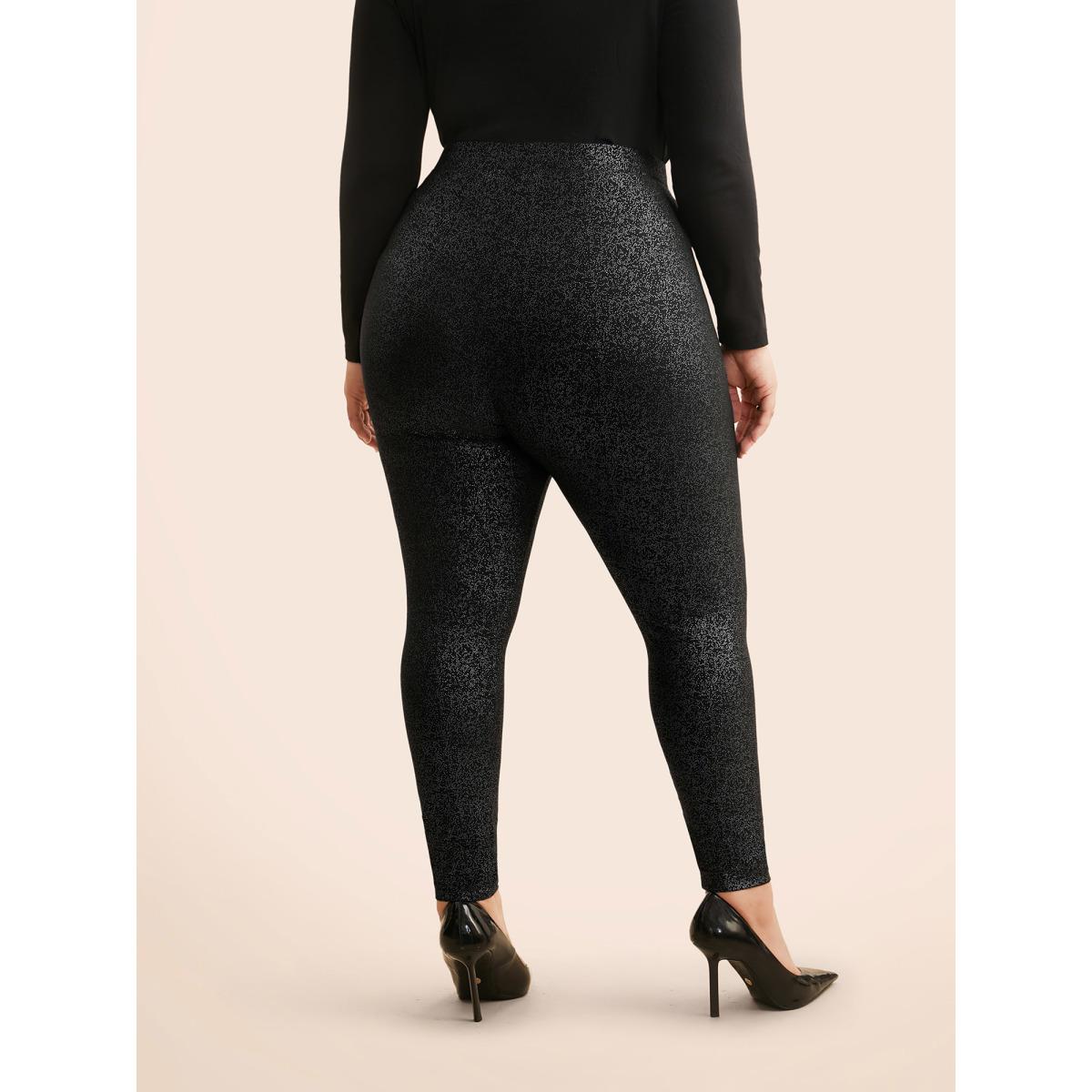 Plus Size Glitter Pleated Skinny Leggings Women Black Cocktail Medium stretch Skinny Mid Rise Party Leggings BloomChic 12/L Product Image