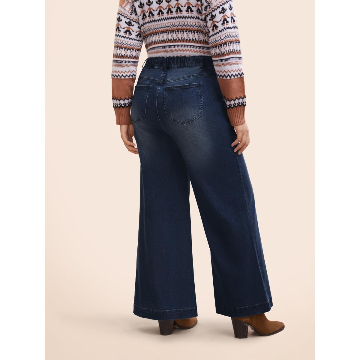Plus Size Stretch Denim Wide Leg Cut Jeans Women Denimindigo Casual Button Medium stretch Slanted pocket Jeans BloomChic 18/2X Product Image