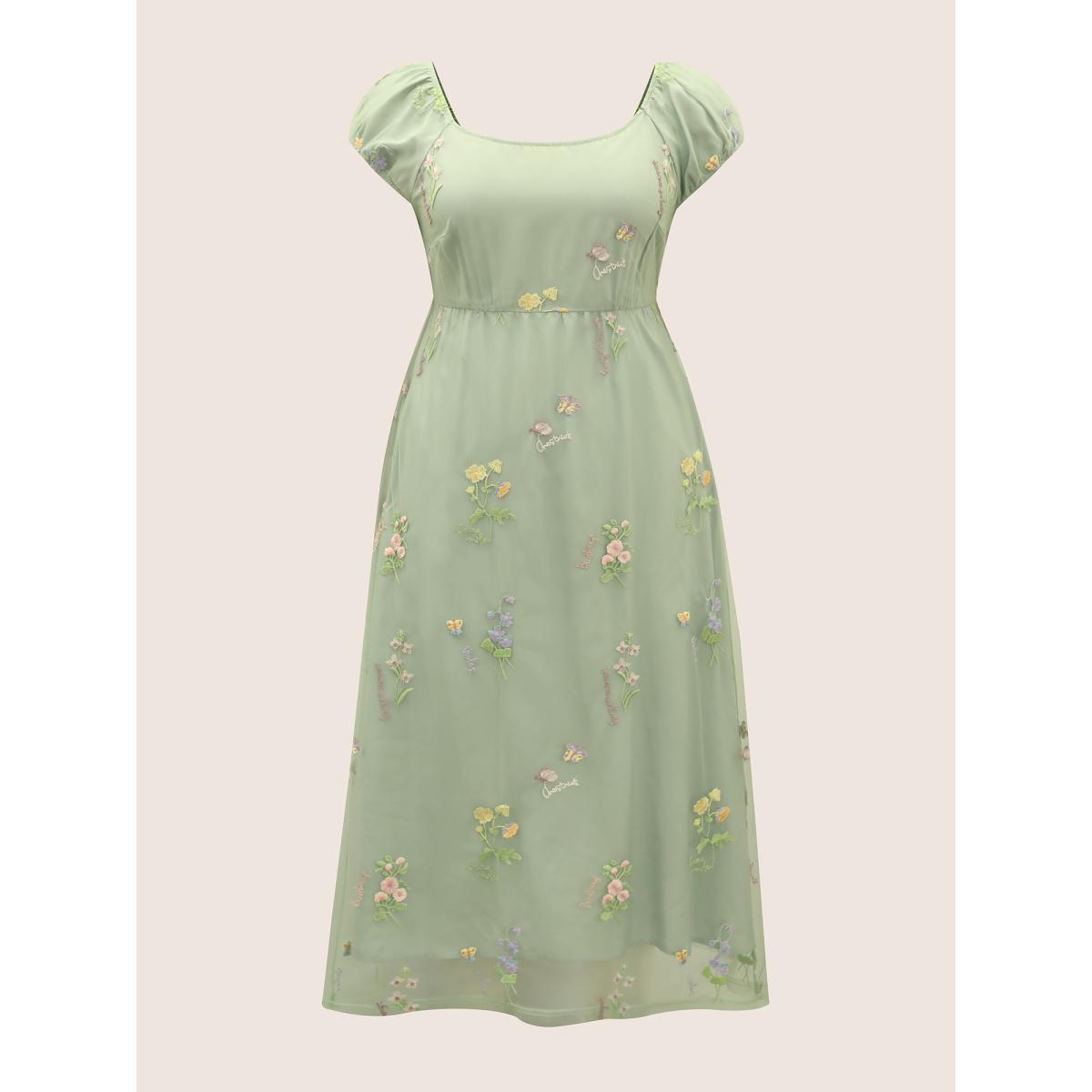Plus Size Mesh Floral Embroidered Cap Sleeve Midi Dress Palemauve Women Elegant Texture Round Neck Cap Sleeve Curvy BloomChic 12/L Product Image