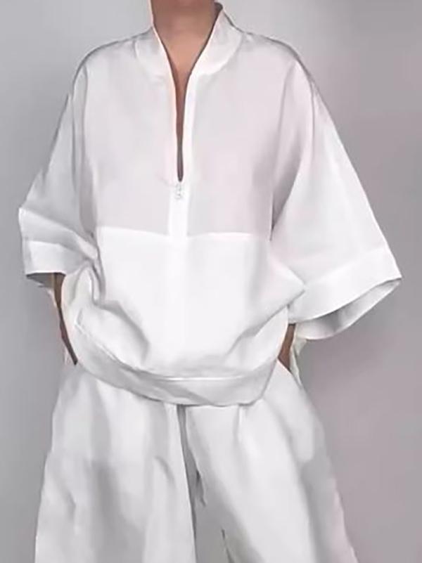 Long Sleeves Loose Solid Color Zipper V-Neck Shirts Tops Product Image