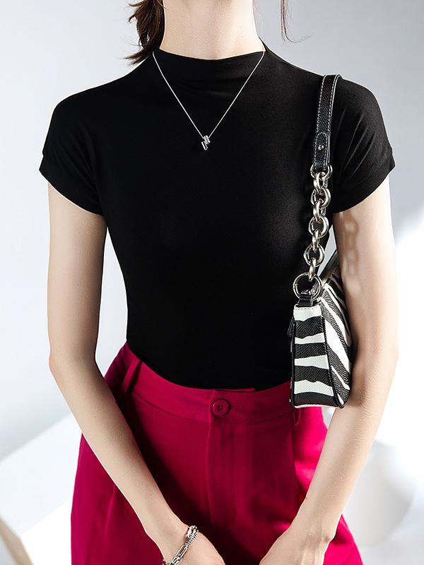 Short Sleeves Skinny Solid Color Mock Neck T-Shirts Tops Product Image