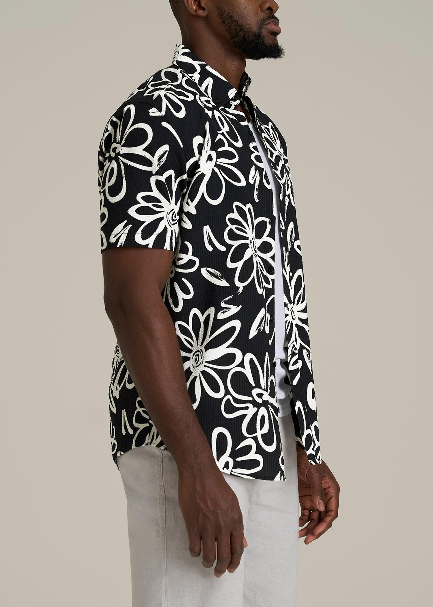 Seersucker Short Sleeve Shirt for Tall Men in Black and White Floral Male Product Image