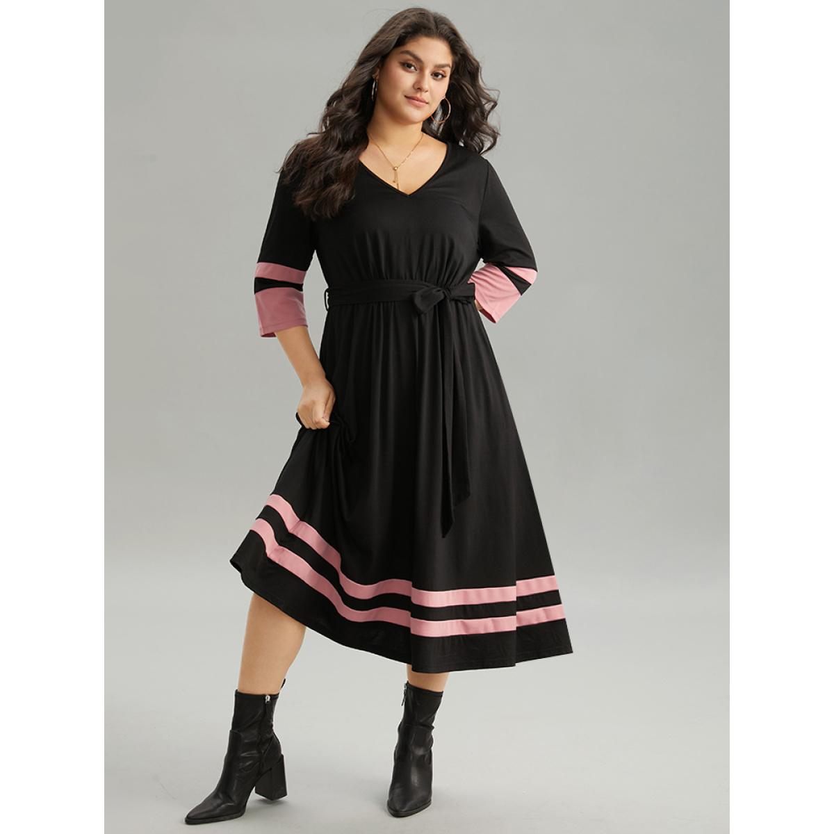 Plus Size Colorblock Contrast Elastic Waist Pocket Belted Dress Black Women Casual Belted V-neck Elbow-length sleeve Curvy Midi Dress BloomChic 18-20/2X Product Image