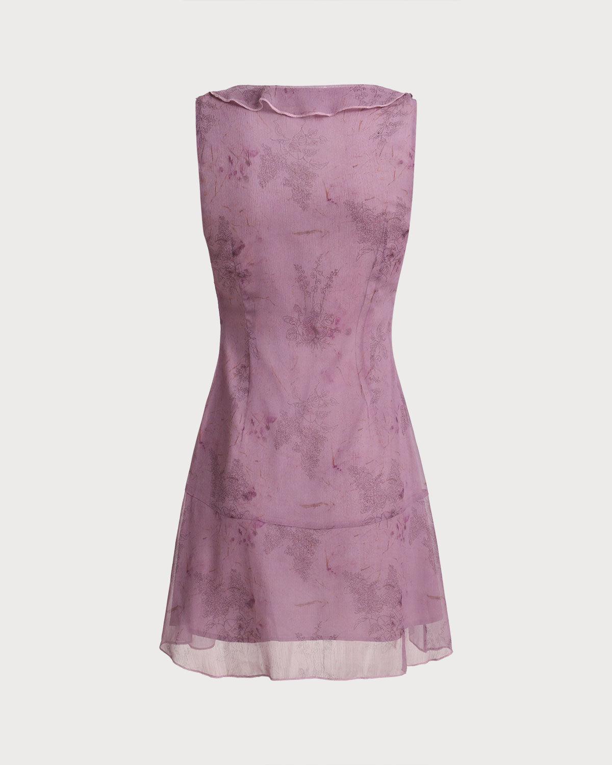Purple Floral V Neck Ruffle Sleeveless Mini Dress Product Image