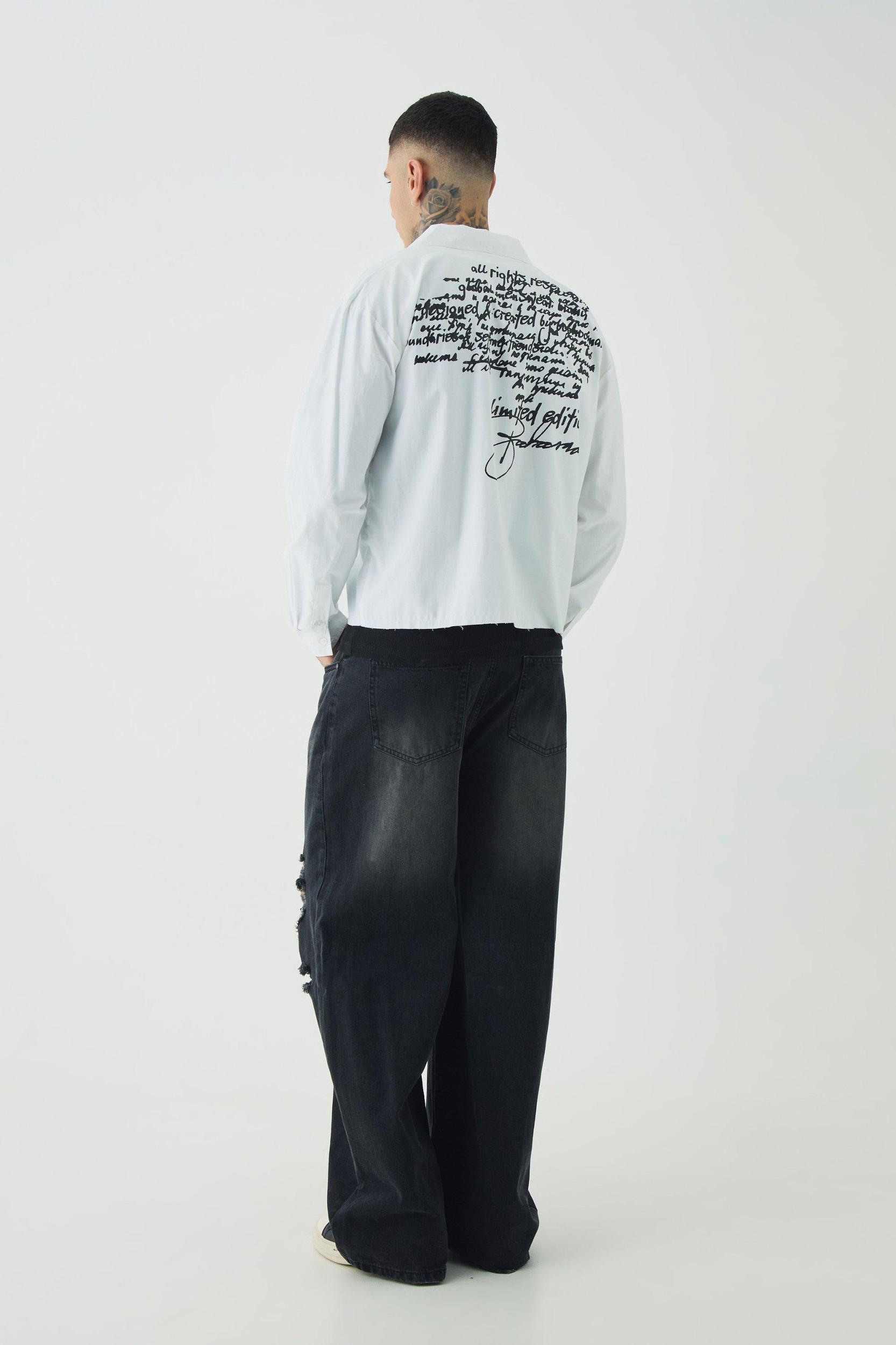 Tall Oversized Script Graphic Boxy Long Sleeve Revere Shirt | boohooMAN USA Product Image