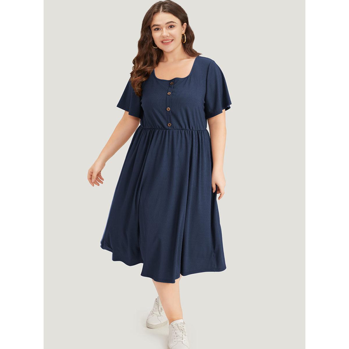Plus Size Supersoft Essentials Plain Button Detail Ruffle Sleeve Gathered Square Neck Dress Indigo Women Casual Texture Square Neck Short sleeve Curvy Midi Dress BloomChic 28/5X Product Image