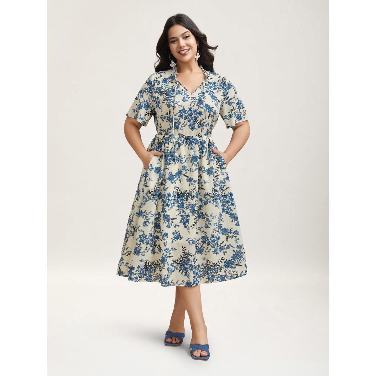 Plus Size In Full Bloom Notched Collar Pockets Midi Dress Skyblue Women Elegant Tie knot Notched collar Short sleeve Curvy BloomChic 28/5X Product Image