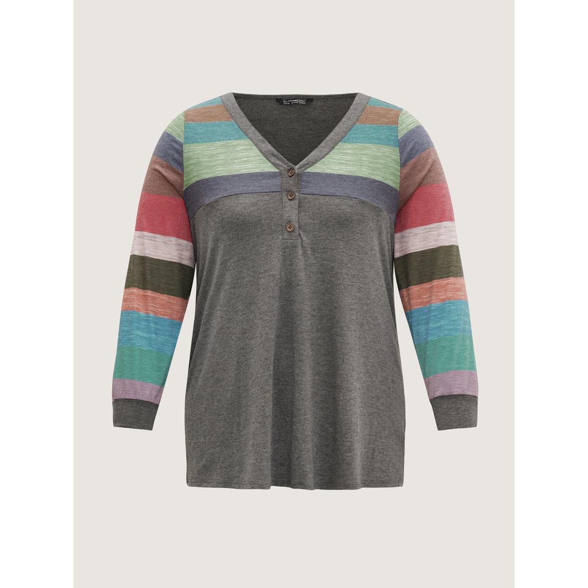 Plus Size Colorblock Contrast V Neck Button Up T-shirt Multicolor Women Leisure Elastic cuffs Striped V-neck Casual T-shirts BloomChic 22-24/3X Product Image