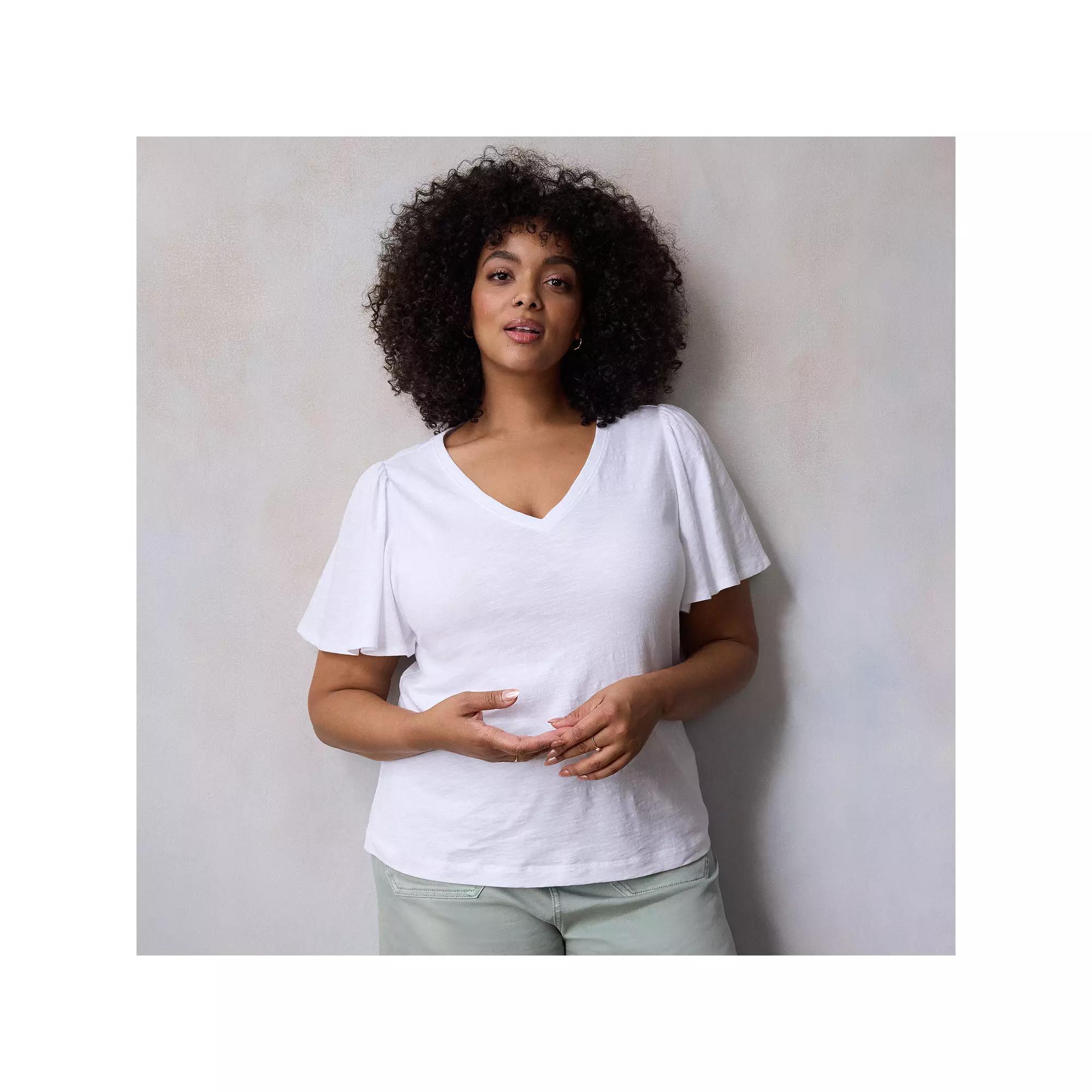 Plus Size LC Lauren Conrad V-Neck Flutter Sleeve Top, Womens Grey White Product Image