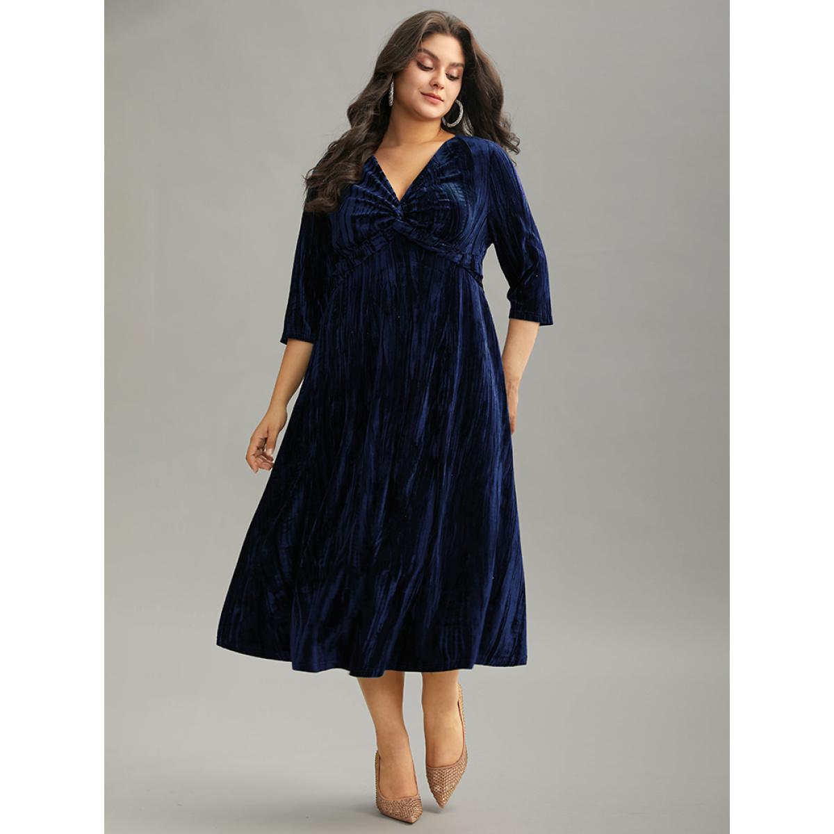 Plus Size Plain Velvet V Neck Twist Front Dress DarkBlue Women Cocktail Velvet V-neck Elbow-length sleeve Curvy Midi Dress BloomChic 22-24/3X Product Image