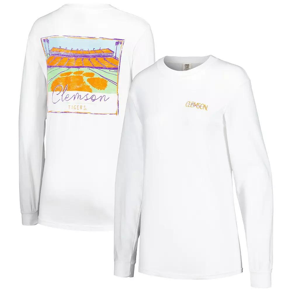 Women's White Clemson Tigers Hand-Drawn Stadium Comfort Colors Over Product Image