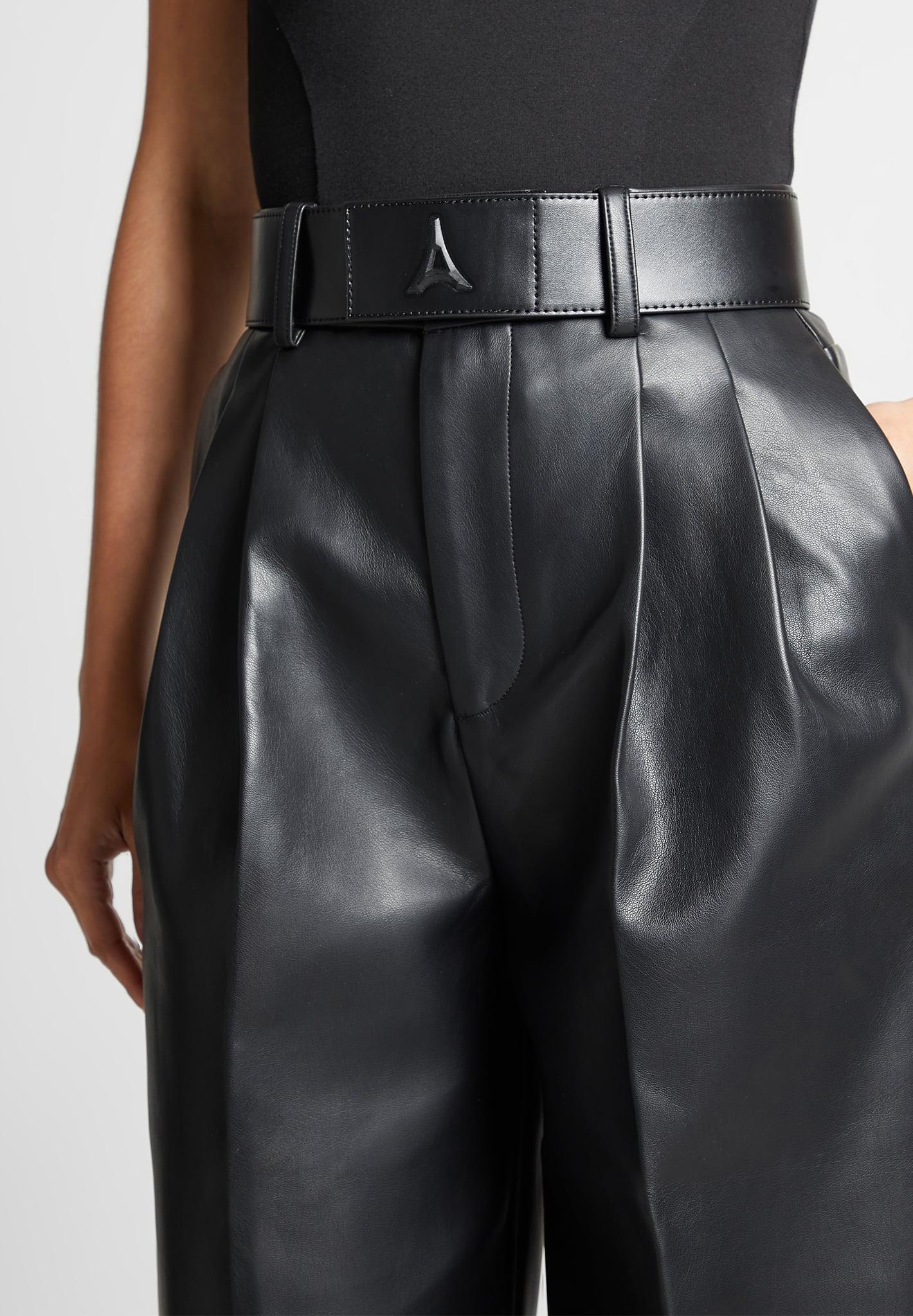 Leather Pleated Trousers with Eiffel Belt - Black Female Product Image