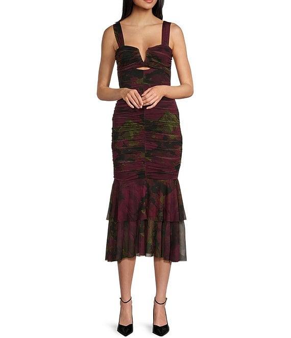 Honey and Rosie V-Notch Neck Printed Triple Mesh Midi Dress Product Image