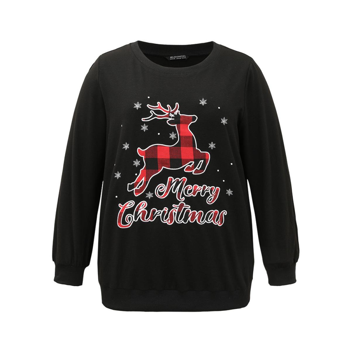 Plus Size Christmas Elk Round Neck Sweatshirt Women Black Casual Printed Festival-Christmas Sweatshirts BloomChic 14-16/1X Product Image