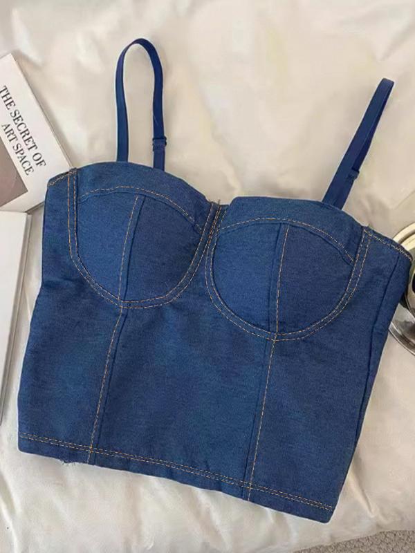 Denim Smocked Cropped Women Vest Product Image