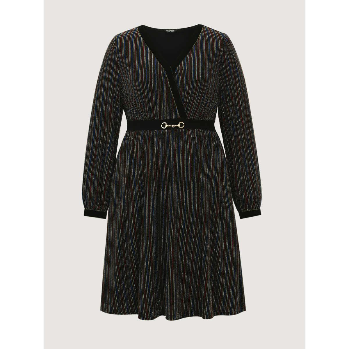 Plus Size Striped Surplice Neckline Flowy Midi Dress Black Women Party&Cocktail Overlap Collar Extra Long Sleeve Curvy BloomChic 14-16/1X Product Image