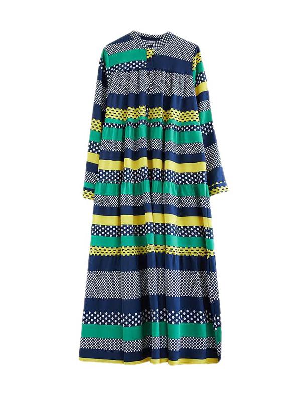 A-Line Long Sleeves Buttoned Polka-Dot Split-Joint Round-Neck Midi Dresses Product Image