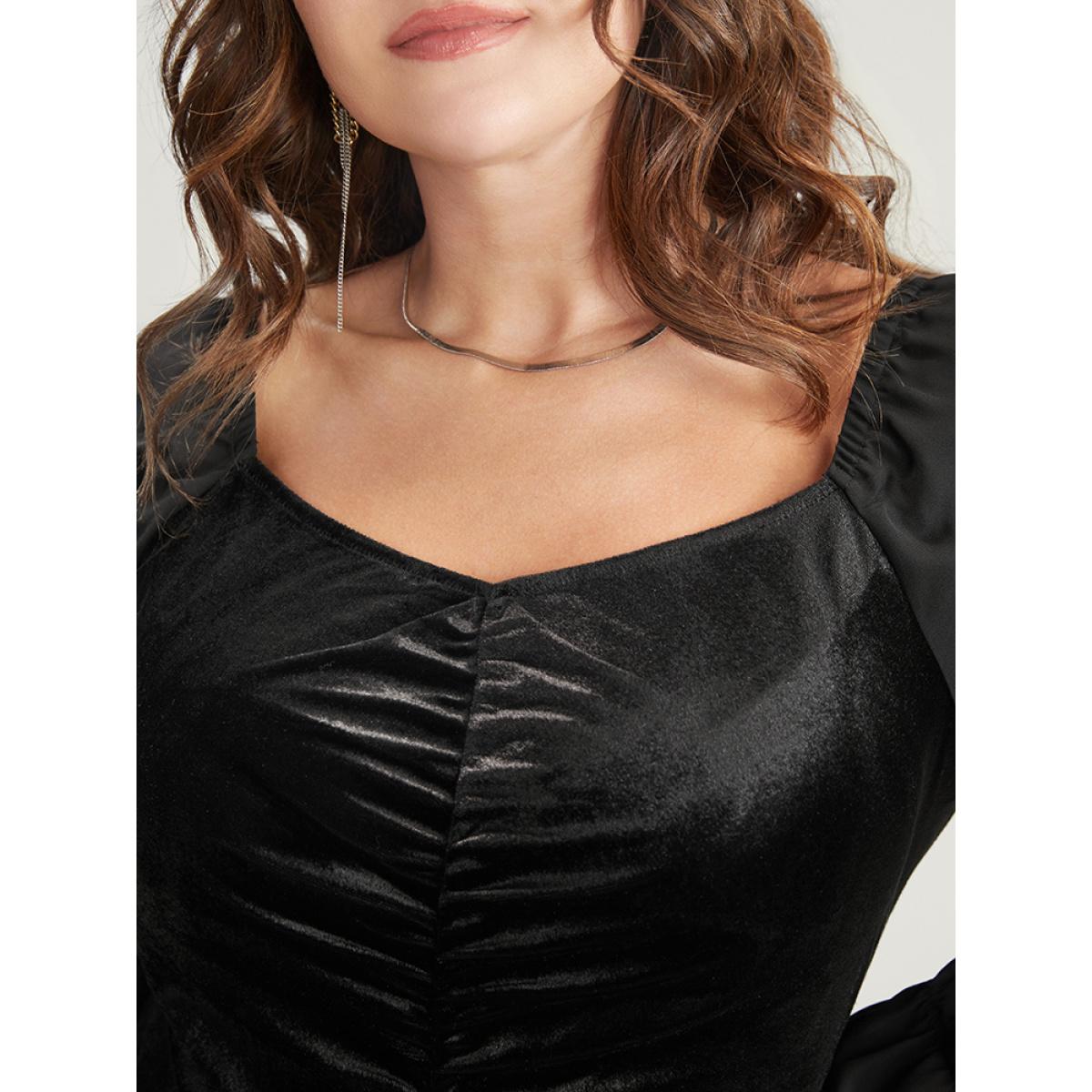 Plus Size Solid Lantern Sleeve Ruched Velvet Knee Dress Black Women Party Gathered V-neck Long Sleeve Curvy Knee Dress BloomChic 26/4X Product Image