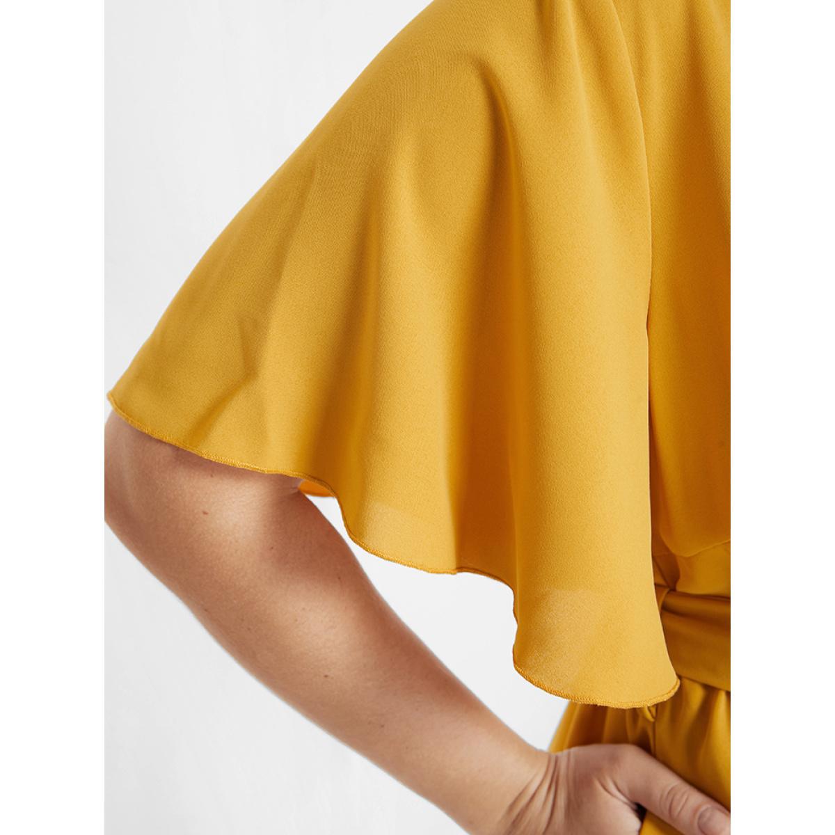 Plus Size Bloom Dress - Solid Tie Surplice Ruffle High Low Dress Yellow Women Elegant Cross straps V-neck Short sleeve Curvy Midi Dress BloomChic 30/6X Product Image