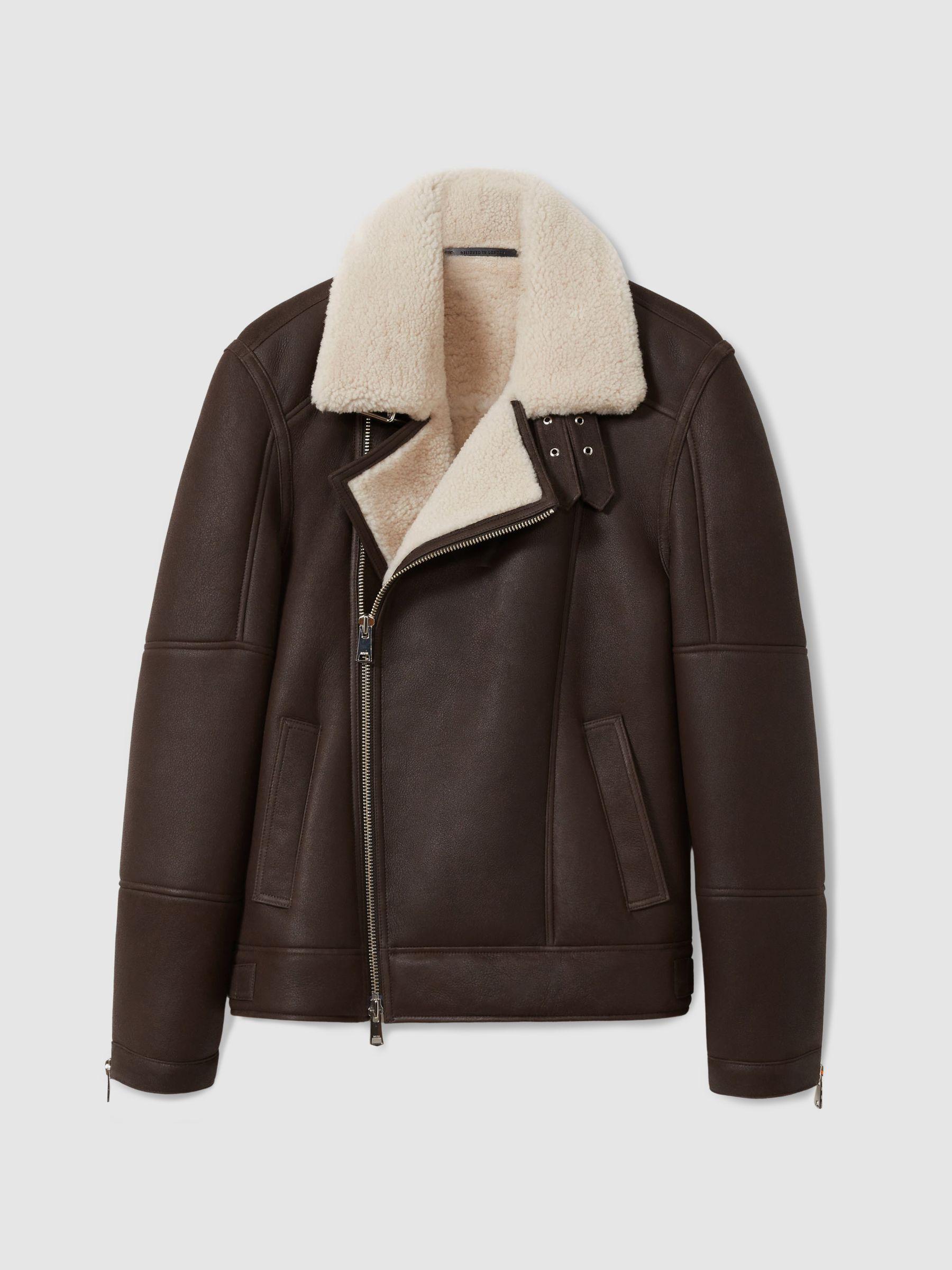 Shearling Lined Leather Aviator Jacket in Dark Brown Product Image