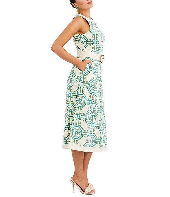 Mestiza New York Louisa Printed Poplin Crew Neck Sleeveless Belted Midi Dress Product Image