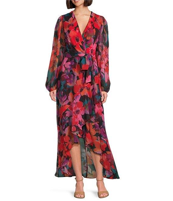 Alex Marie Diana Chiffon Floral Print V-Neck Long Blouson Sleeve Tie Waist Hi-Low Flounce Wrap Maxi Dress Product Image