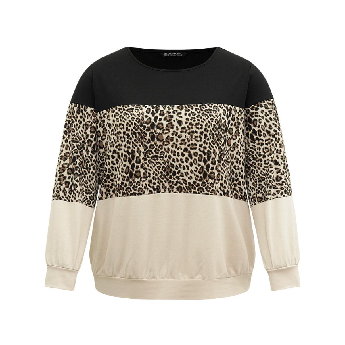 Plus Size Leopard Contrast Elastic Hem Sweatshirt Women Black Casual Contrast Round Neck Dailywear Sweatshirts BloomChic 28/5X Product Image