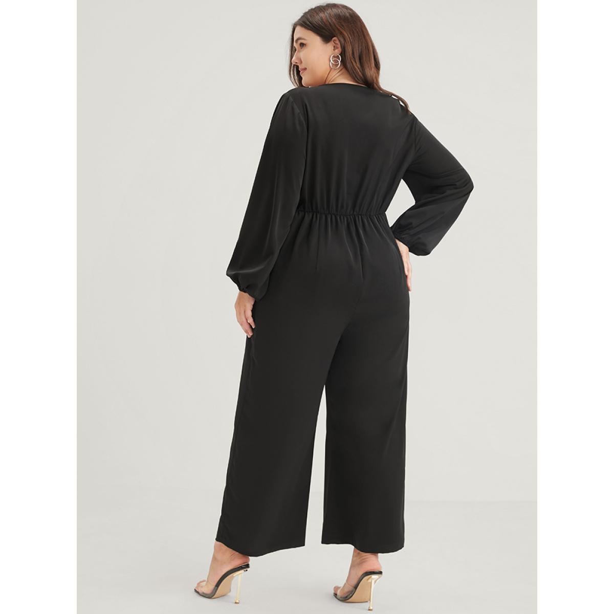 Plus Size Black Solid Button Front Lantern Sleeve Pocket Wide Leg Jumpsuit Women Office Long Sleeve V-neck Office Loose Jumpsuits BloomChic 18-20/2X Product Image