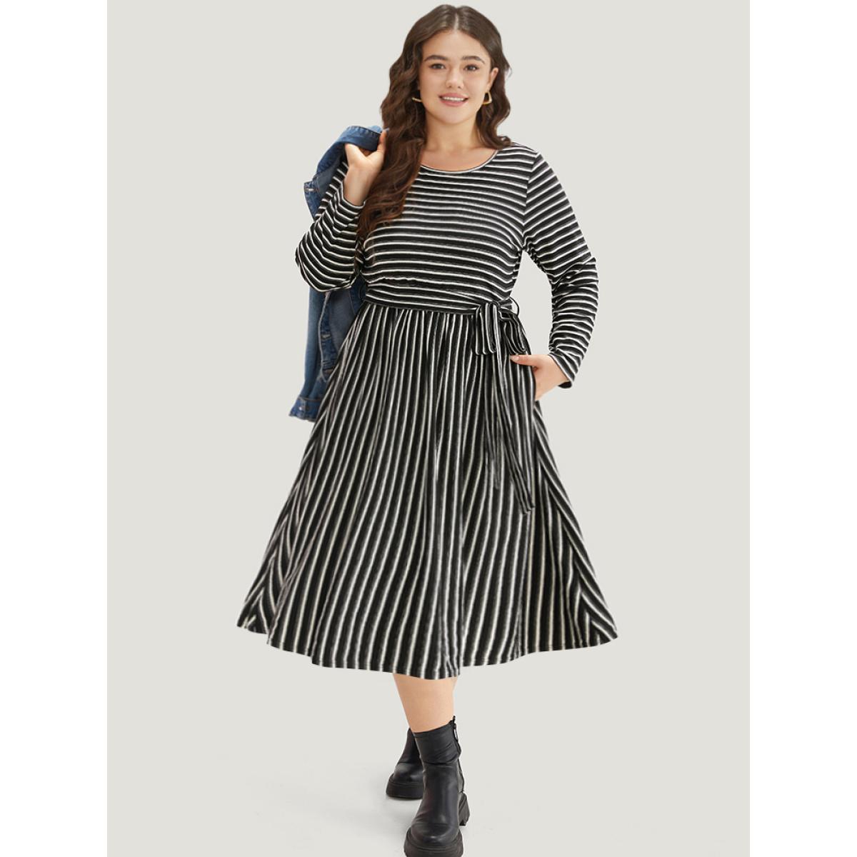 Plus Size Striped Round Neck Belted Dress Black Women Casual Belted Round Neck Long Sleeve Curvy Midi Dress BloomChic 26/4X Product Image
