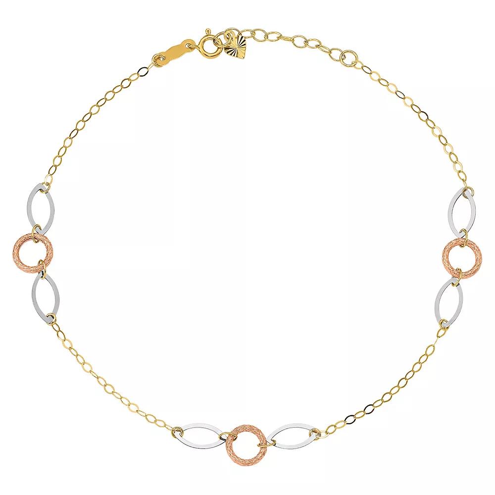 14k Gold Tri-Color Circle & Oval Anklet, Women's, Size: 10", 14k  Tone Product Image