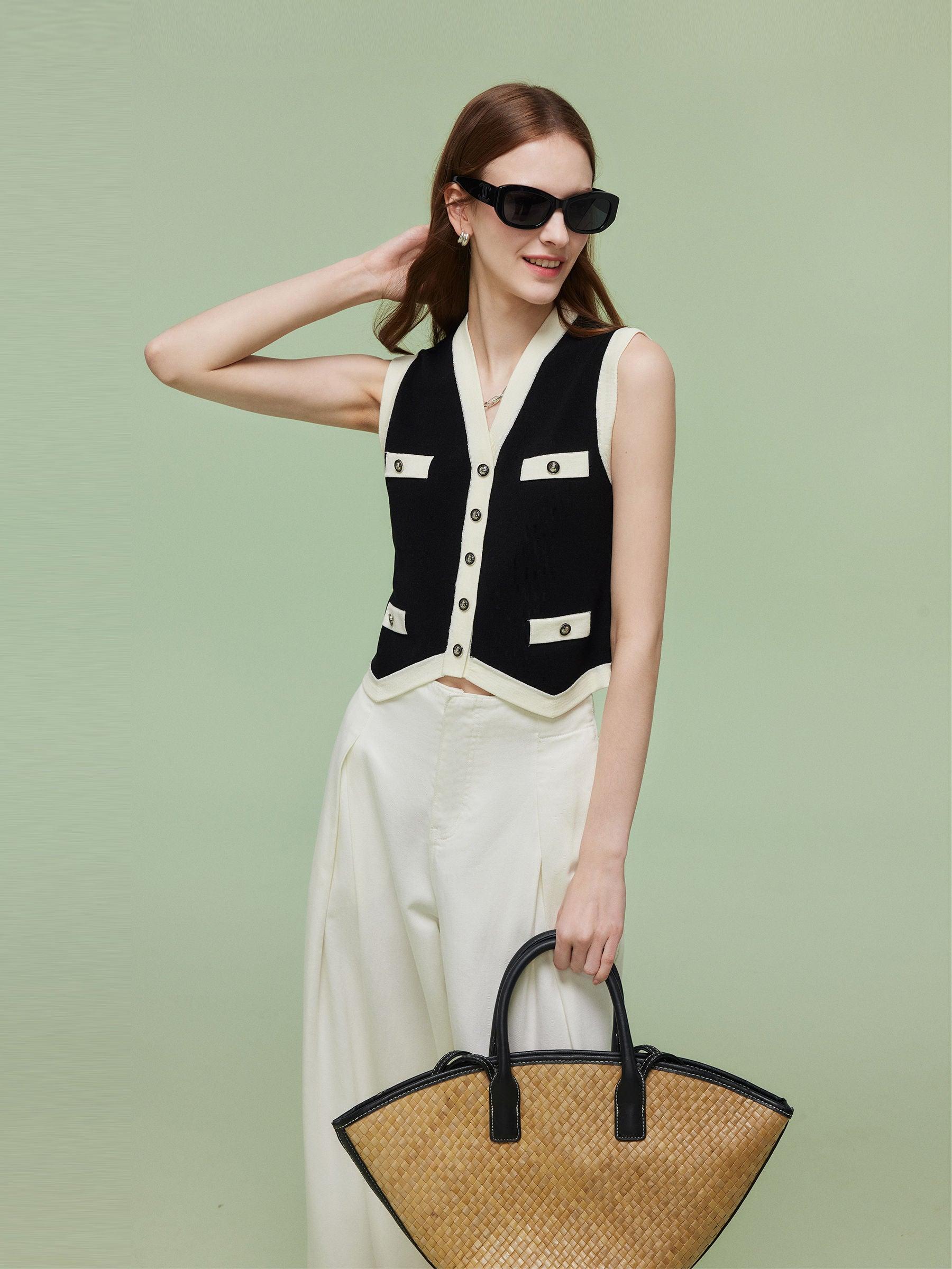 Tencel Blend Contrast Trim Women Knit Vest Product Image