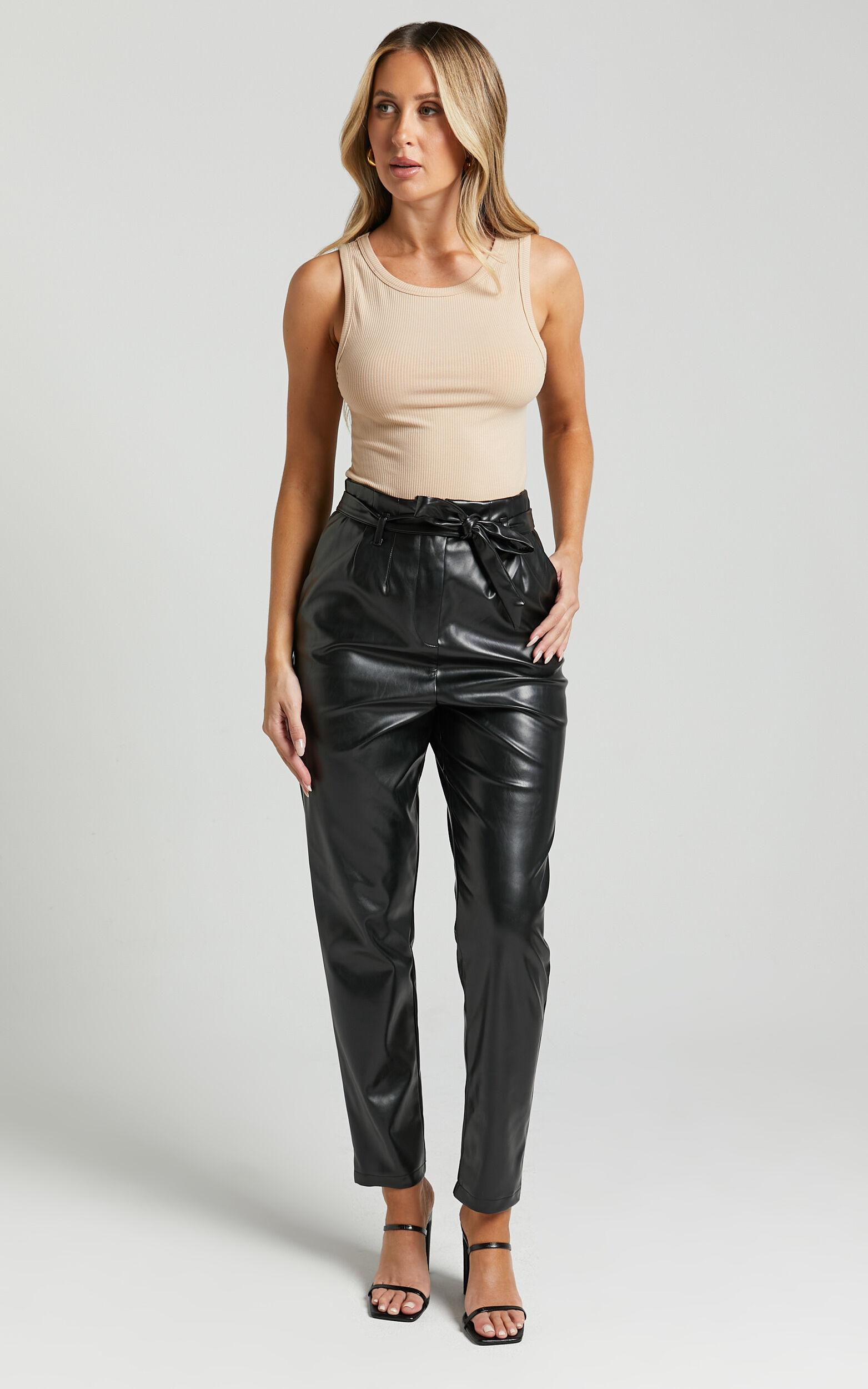 Layton Pants - Paper Bag Waist Faux Leather Pants in Black Product Image