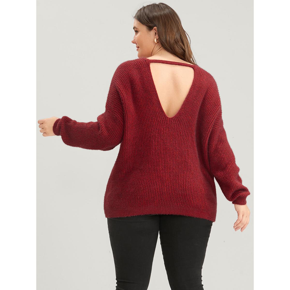 Plus Size Solid Soft Pointelle Knit Cut Out Fluffy Knit Top Burgundy Women Casual Loose Long Sleeve V-neck Dailywear Pullovers BloomChic 12/L Product Image