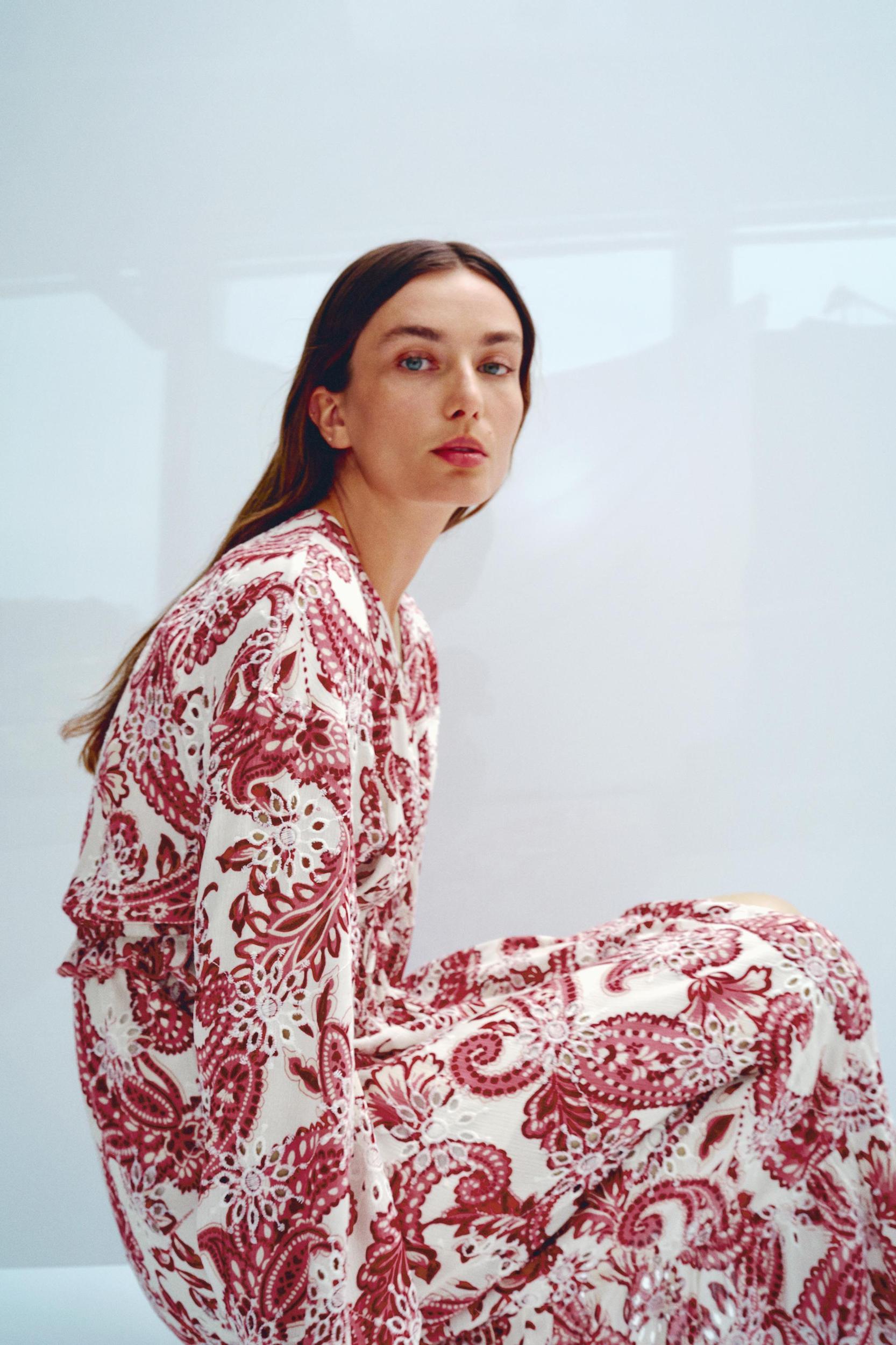 PRINTED MIDI DRESS WITH EMBROIDERED EYELETS Product Image