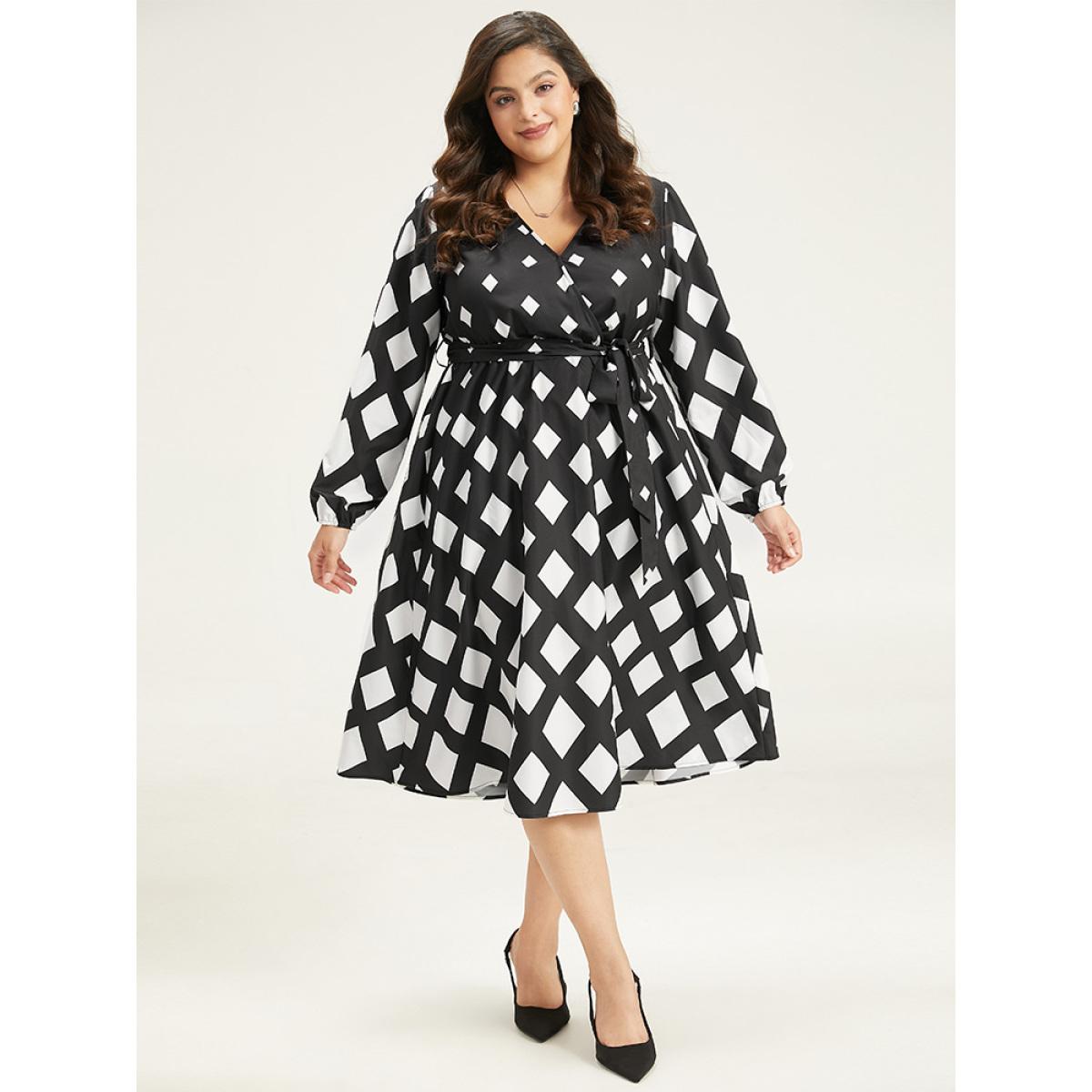 Plus Size Geometric Print Belted Lantern Sleeve Dress BlackFlower Women Office Elastic cuffs V-neck Long Sleeve Curvy Midi Dress BloomChic 26/4X Product Image