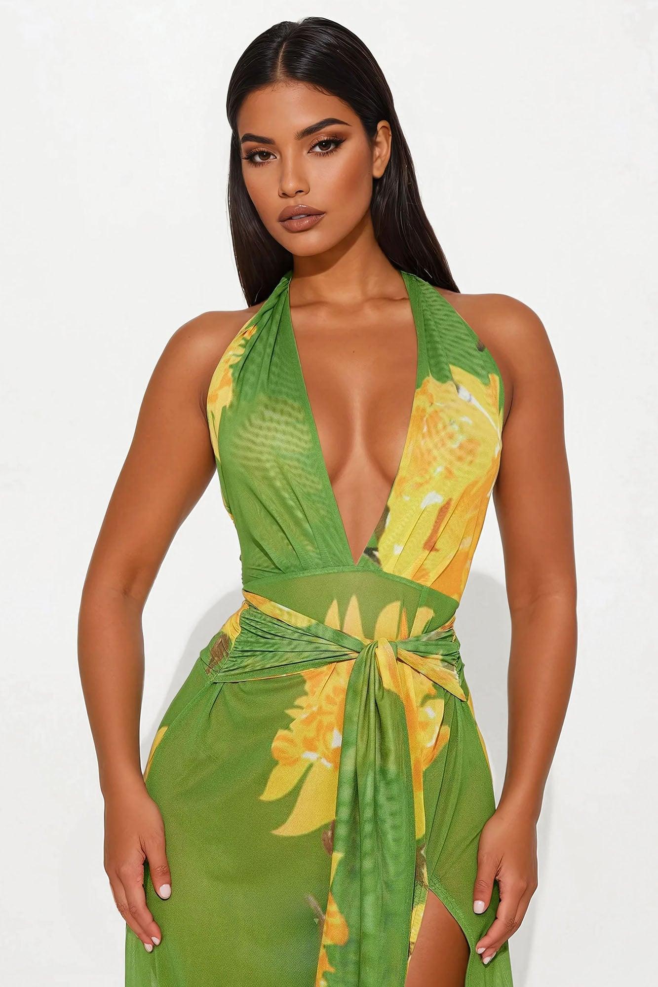 Macy Mesh Floral Maxi Dress - Green/combo Female Product Image