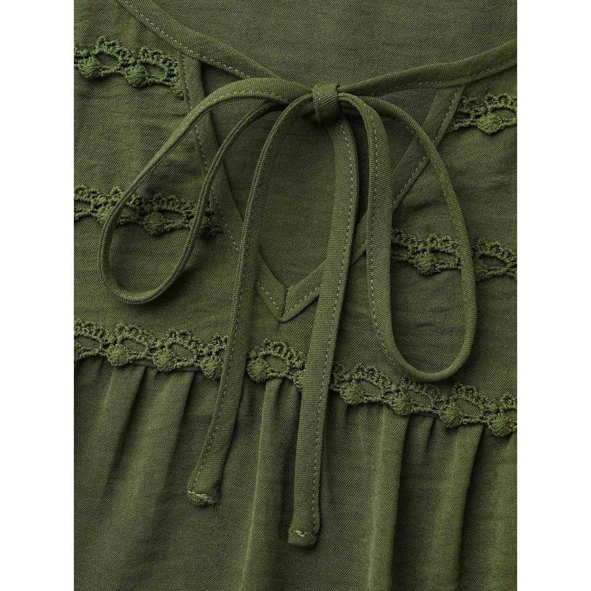 Plus Size ArmyGreen Woven Ribbon Tie Knot Gathered Blouse Women Elegant Elbow-length sleeve V-neck Everyday Blouses BloomChic 14-16/1X Product Image