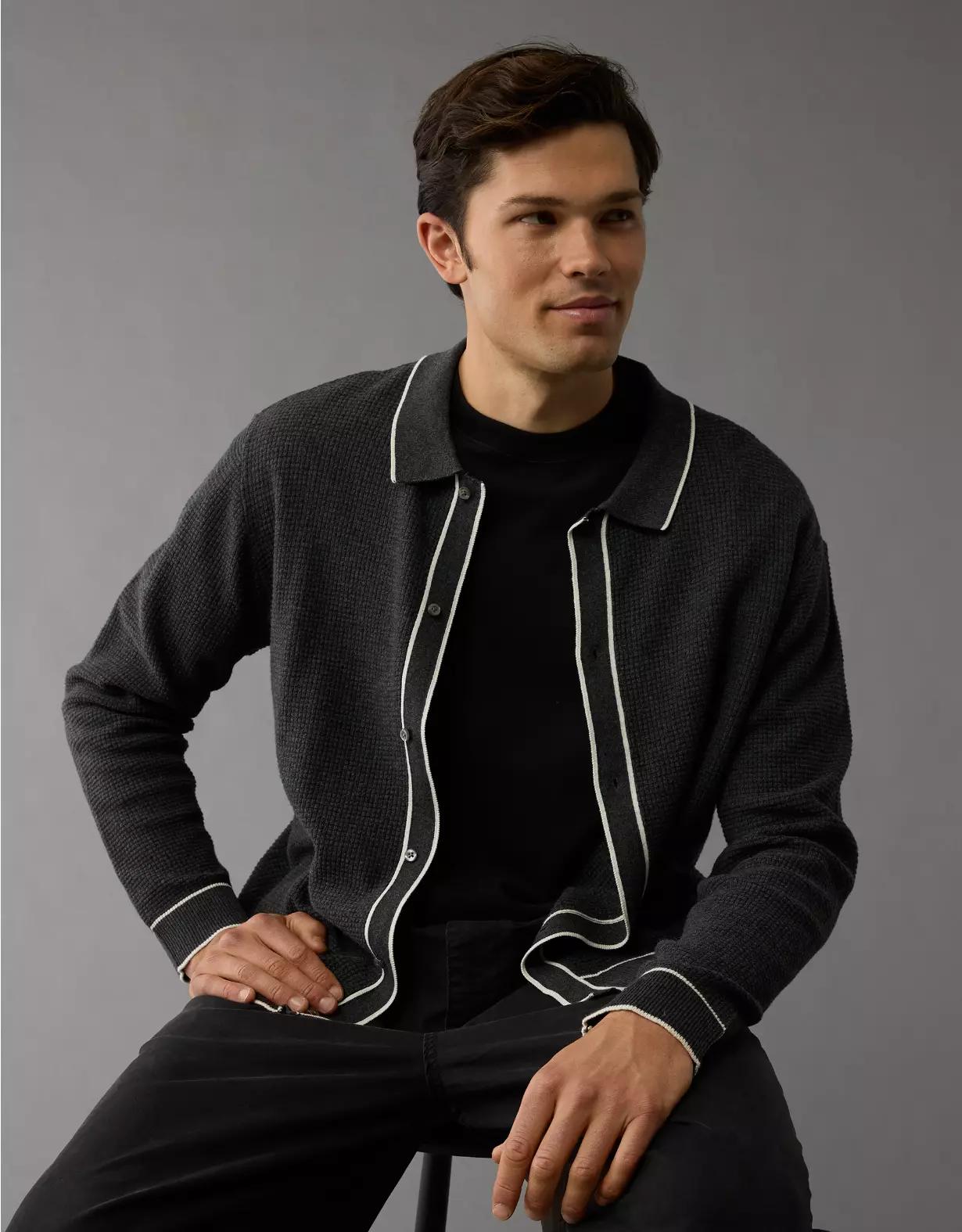 AE Long-Sleeve Tipped Waffle Sweater Polo Shirt Product Image