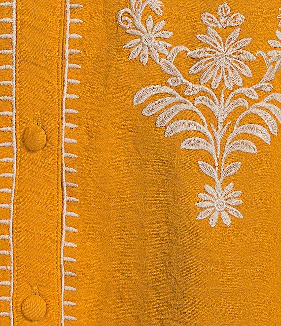 Calessa Plus Size Embroidered Placement Print Ruffle Split V-Neck 3/4 Sleeve Button Front Tunic Product Image