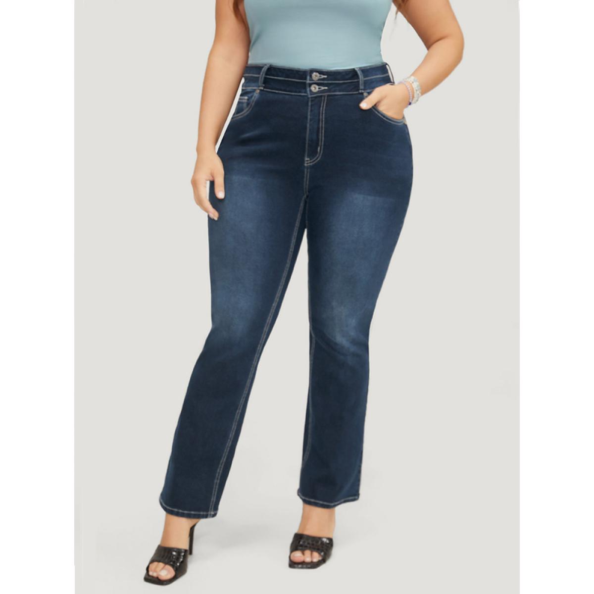 Plus Size Very Stretchy High Rise Dark Wash Contrast Stitching Jeans Women DarkBlue Casual Plain High stretch Pocket Jeans BloomChic 10/M Product Image